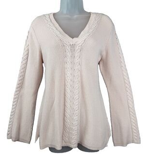 Verve Ami Sweater XL Cable Knit Accent Soft Blush Pink V-Neck Bell Sleeve Boho